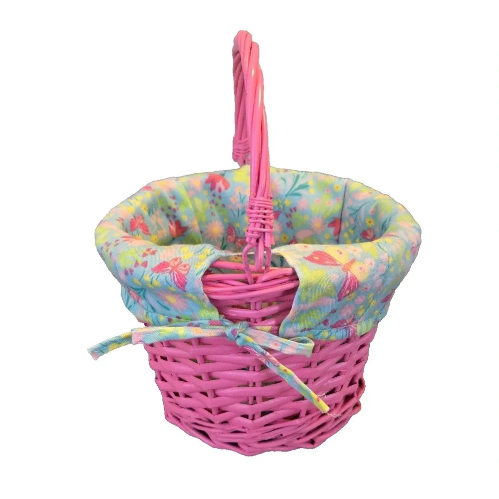 Brilliant Pink Basket With Folding Handle &‎ Floral Print Lining Easter Spring